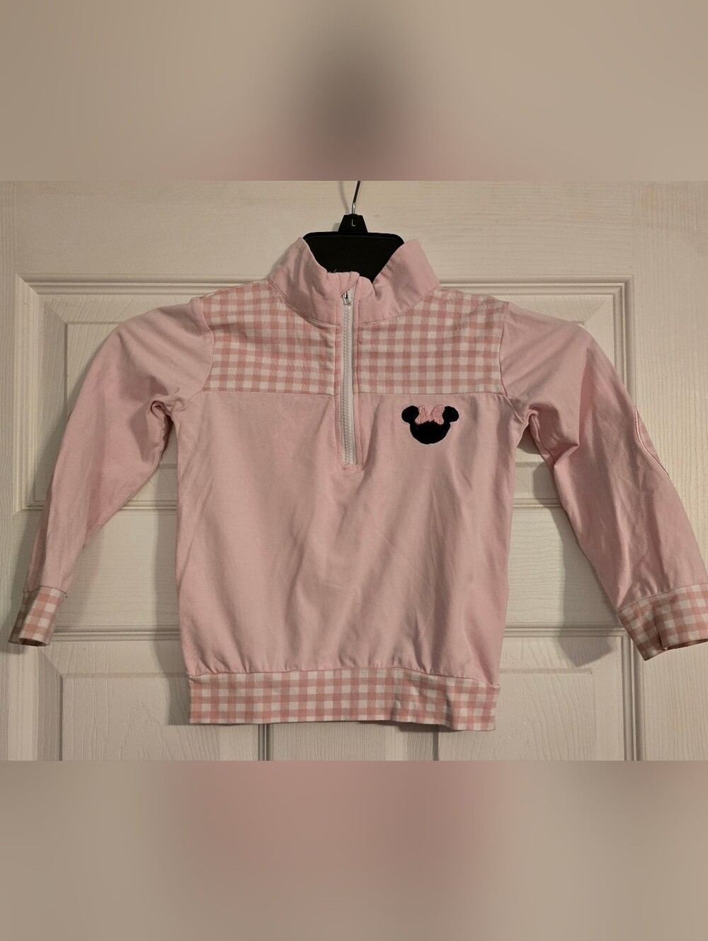 Girls Pink Gingham Pullover Sweatshirt with Mouse Applique